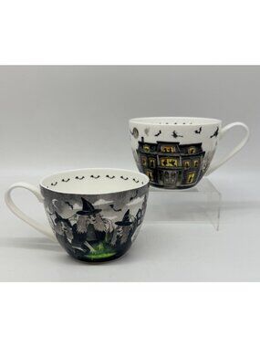 Portobello By Design Witch Halloween Haunted Castle Mugs Oversized Set Of 2 EUC